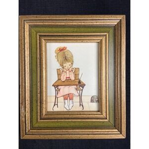 Vintage Framed Art Print Girl‎ at Desk Retro Schoolhouse Illustration Gold Green